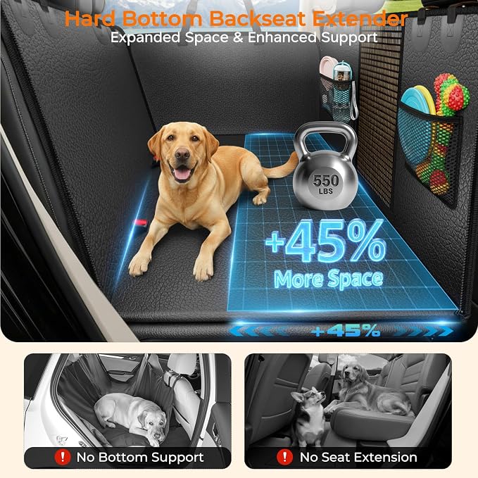 URPOWER PU Leather Back Seat Extender for Dogs, Hard Bottom Dog Seat Cover | Supports 550 lbs, Stable 3-Panel Hard Bottom, Added High-Density Foam for Comfort, Waterproof 900D Oxford, 45% More Space - Image 2