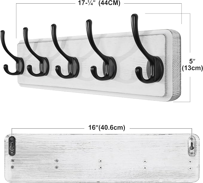SKOLOO Rustic Wall Mounted Coat Rack, Pine Solid Wood Coat Hook Hanger - 5 Hooks for Hanging Clothes Robes Towels Coats - Image 6