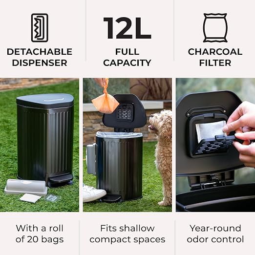 Dog Poop Trash Can Outside with Lid – 12L Stainless Steel Outdoor Trash Can with Reusable Charcoal Filter, Step-On Pedal & Bag Dispenser – Dog Waste Station, Cat Litter Trash Can & Diaper Pail - Image 5