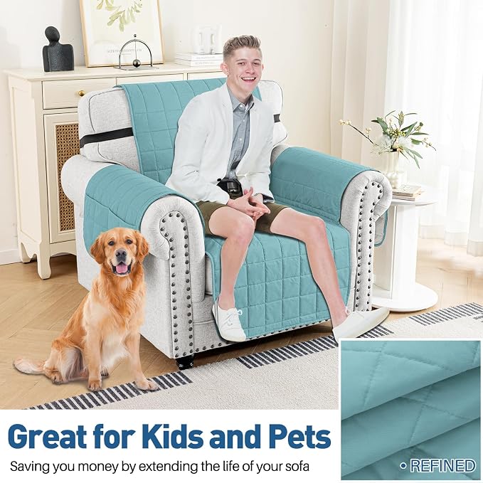 MAXIJIN Waterproof Chair Cover Slipcovers for Pets Dogs, 23.5" Quilted Armchair Sofa Cover Washable Dog Couch Covers Protector with Elastic Strap & Side Pocket (Chair, Clear Blue) - Image 2