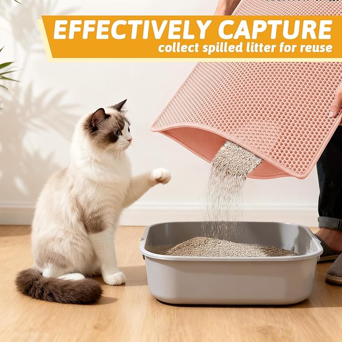 Pieviev Litter Mat, Double-Layer Waterproof Design, 30" x 24" Coral Red | Honeycomb Litter Trapping Mat Captures Scattered Particles to Stop Tracking, Waterproof Base Protects Floors, Easy to Clean - Image 3