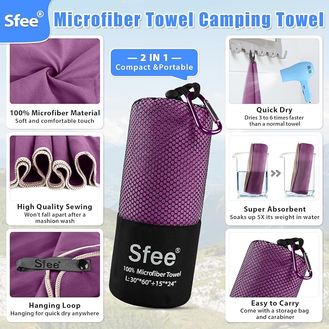 Sfee 2 Pack Microfiber Travel Towel, Quick Dry Towel Camping Towel Large Beach Towel Super Absorbent Compact Lightweight Sports Gym Towels Set for Beach, Gym, Hiking, Pool, Backpacking,Bath,Yoga - Image 2