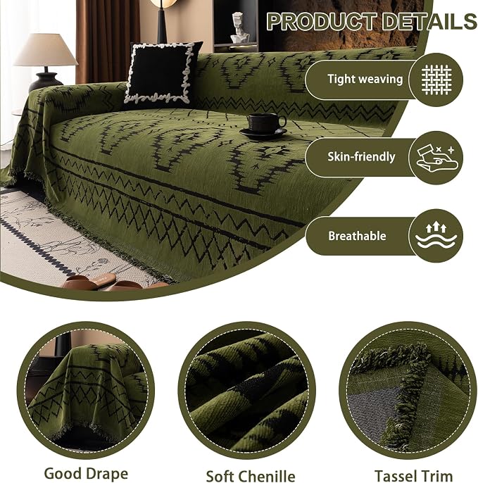 DREAMINGO Boho Couch Cover Sofa Covers for 2 Cushion Couch Jacquard Chenille Couch Cover Blanket Living Room Pet Furniture Protector Sectional Couch Covers for Dogs Washable, Green, 71"x118" - Image 3