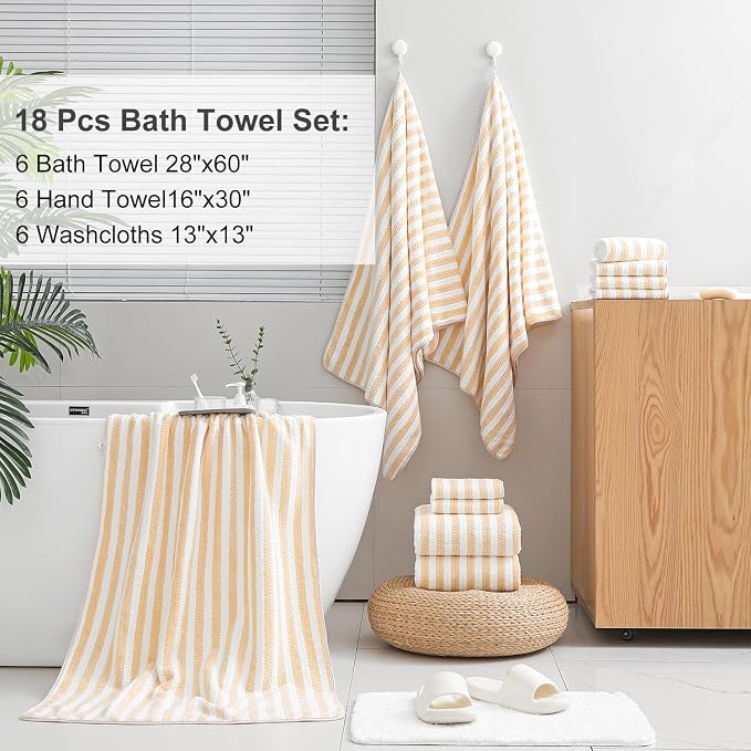 Smuge 18 Pcs Bath Towel Set, Include 6 Bath Towel Sheets, 6 Hand Towels and 6 Washcloths - Highly Absorbent Quick Dry Microfiber,Ultra Soft Bathroom Towel Set with Hanging Loop - Apricot Yellow - Image 5