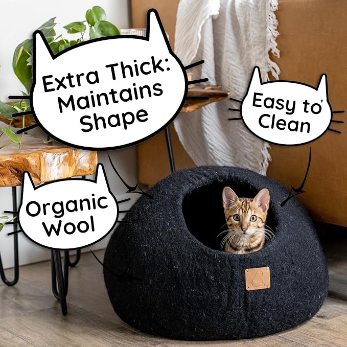 Best Aesthetic Cat Bed - Premium Felted Wool Cat Cave Bed - Cozy Peekaboo Round Cave for Large or Small Cats (Small, Night Black) - Image 3