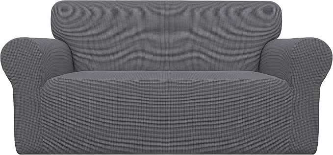 Easy-Going Stretch Loveseat Couch Covers Washable Grey | 1-Piece Loveseat Covers for 2 Cushion Couch Furniture Protector RV Sofa Slipcover Soft with Bottom for Kids Pets by Easy-Going