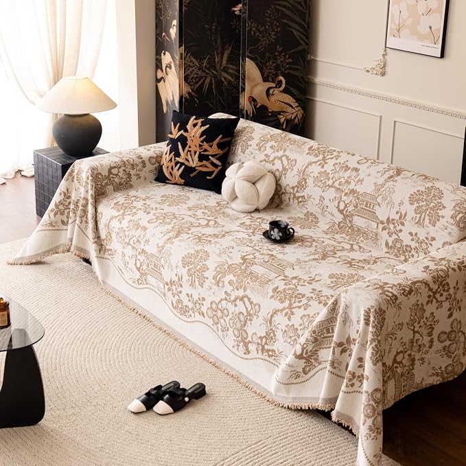 French Country Couch Cover for 3 Cushion Sofa, Chinoiserie Reversible Couch Cover Sectional L Shape, Farmhouse Beige Home Decor Chenille Non Slip Washable Large Couch Protector for Dogs 71"x118" - Image 4