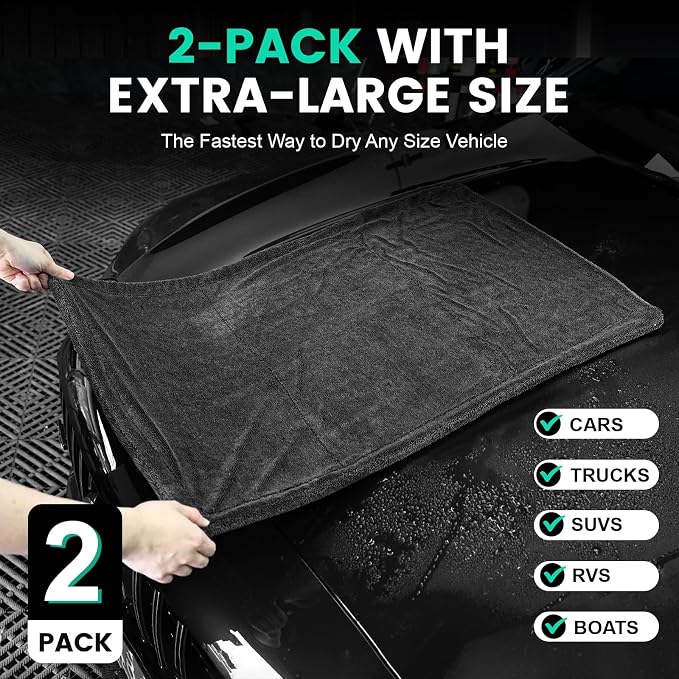 2 Pack Double-Sided Car Care, Microfiber Drying Towel, 1300GSM, 35" x 24" | Extra-Large, Ultra-Absorbant Microfiber Drying Towel for Cars and Trucks, Super Absorbent Car Drying Towel - Image 4