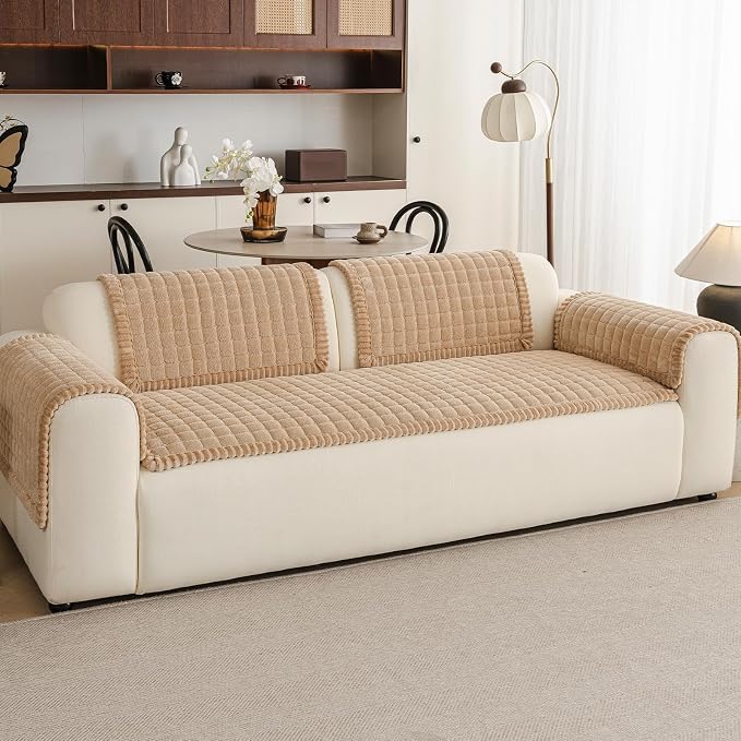 Couch Covers for Sofa Washable, Non Slip Couch Covers for Dogs, Soft Plush Pet Friendly Dog Couch Cover, Plaid Couch Protector for Dogs, Pet Couch Cover for 2-3 Seats(Light Brown,28"×83",1PC) - Image 2