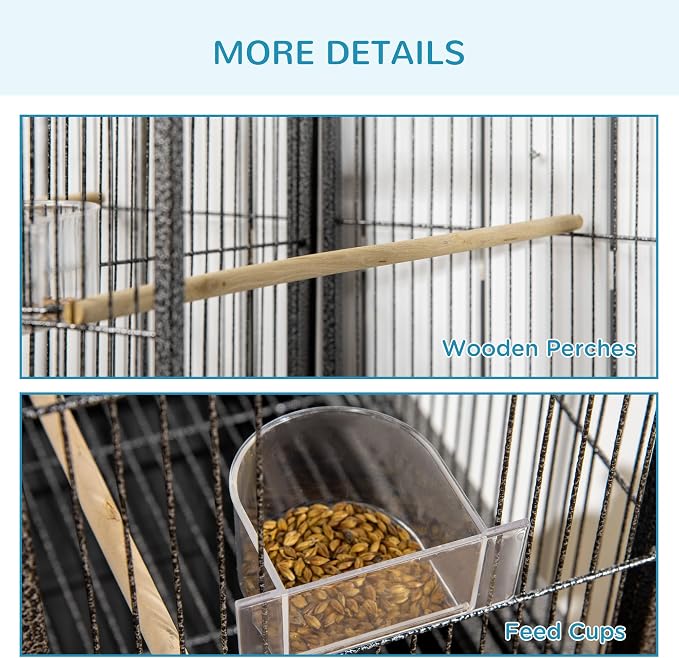 PawHut 65" Double Rolling Metal Bird Cage with Divider, Large Parrot Cage for Parakeet, Canaries, Lovebirds, Budgie, Finch, with Detachable Rolling Stand, Storage Shelf, Wood Perch & Food Container | for Parakeet, Canaries, Lovebirds, Budgie, Finch, De... - Image 8