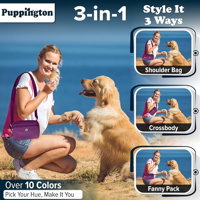 Puppington 3-in-1 Crossbody Dog Walking Bag & Treat Pouch with Matching Planet Safe Poop Bags & Built-In Dispenser - Dog Mom Gift for Puppy Training with Zippered Pockets (Plum Wine) - Image 2