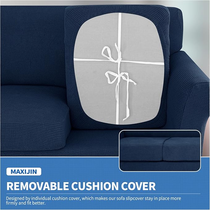 MAXIJIN 4 Piece Couch Covers for 3 Cushion Couch Super Stretch Sofa Cover for Dogs Pet Proof Fitted Furniture Protector Spandex Jacquard Non Slip Magic Couch Slipcover Washable (Large, Navy Blue) - Image 4