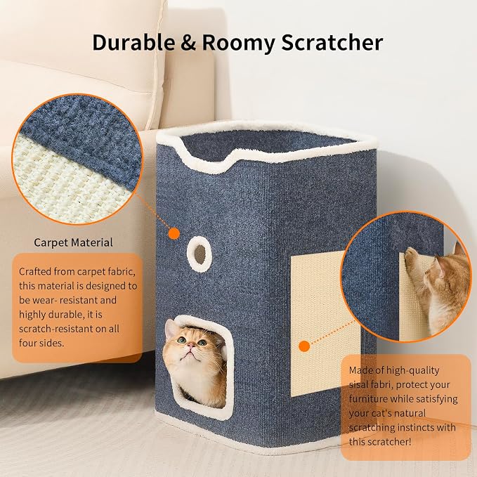 Cat House, Cat Beds for Indoor Cats, 2-Story Cat Condo Cube | Cat Bed Cave with Scratch Pad and Fluffy Ball Hanging, Multi-Level Cozy Hideout Center Ideal for Small/Medium Cats - Image 3