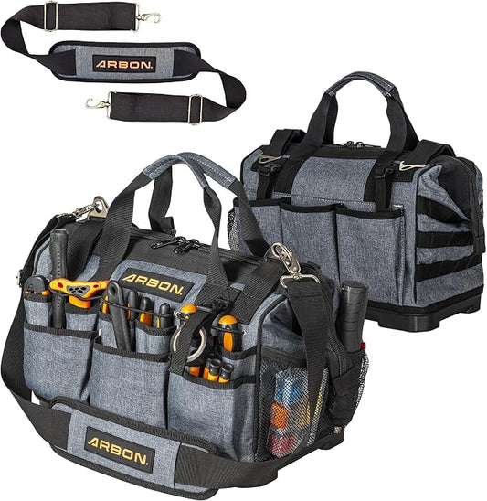 Arbon Electrician Tool Bag, Heavy Duty Tool Organizer, 34 Pockets, 52+ lb | Large storage for men, 5-layer reinforced walls, metal frame, hard molded base, water resistant polyester PP plastic, gray by ArbonTools