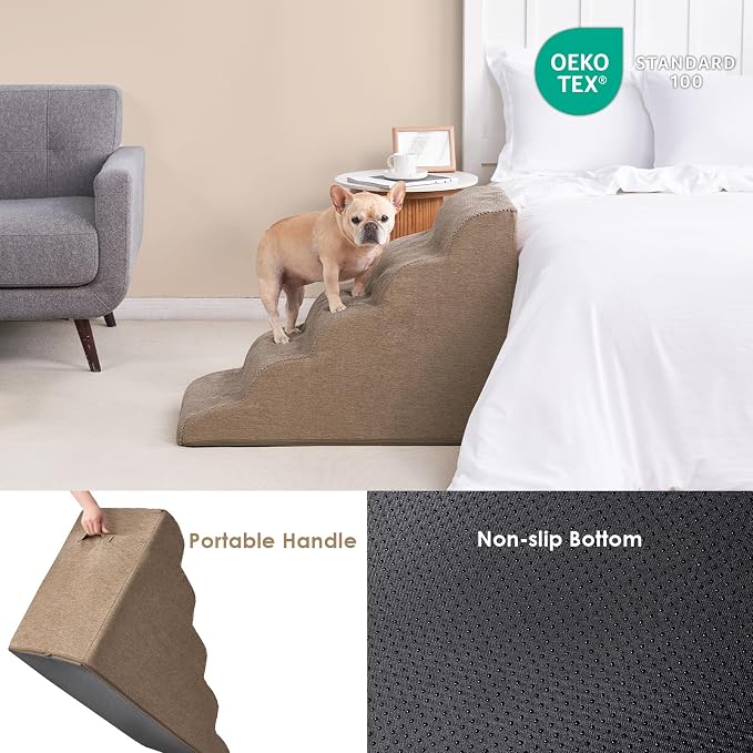 EHEYCIGA Curved Dog Stairs Ramp for High Beds, 5-Step Extra Wide Dog Steps for Small Dogs and Cats, Pet Stairs for High Bed Climbing, Non-Slip Balanced Pet Step Indoor, Camel - Image 6