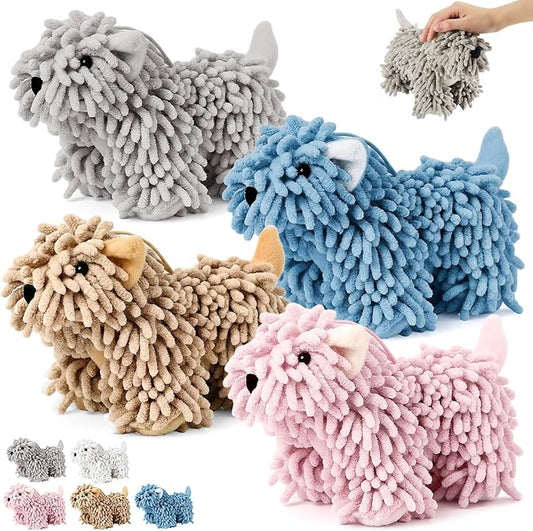 Tegeme 4 Pcs Chenille Dog Hand Towel Fuzzy Towel Absorbent Microfiber Soft for Bathroom Kitchen Washstand (Gray Brown Pink Blue,Standing Dog) by Tegeme