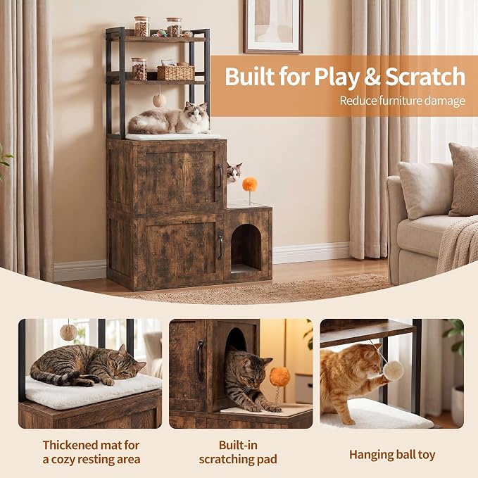 Heybly Cat Litter Box Enclosure Furniture, Double Hidden Litter Box Cabinet with Cat Tree, Large Litter Box Enclosure with Shelves & Storage, Cat House for 2 Cats, Cat Box Enclosure, Rustic HCLB002SR - Image 3