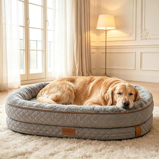 Large Dog Bed with Reusable Potty Pad - 44.1" x 32.3" x 6.3" Dark Gray Bolster Pet Bed with Soft Plush Surface and Zippered Cover for Large Dogs by FollowUs