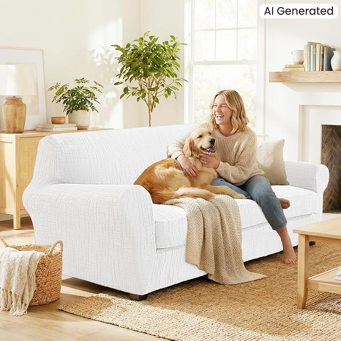 CYCMCAO 3 Piece Stretch Sofa Cover Couch Covers for 2 Cushion Couch, Non Slip Loveseat Covers, Sofa Covers Washable with Elastic Bottom for Kids, Dogs (Off-White), 55"-69" (2 Cushion Loveseat) - Image 3
