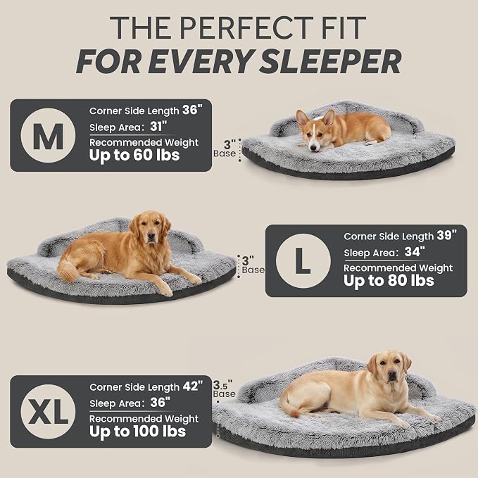 Corner Dog Bed Large, 39" Calming Fluffy Orthopedic Pet Beds, Grey | Space saving plush corner nest,egg-crate foam, washable cover, waterproof liner, non-slip bottom and bolsters for large dogs - Image 6