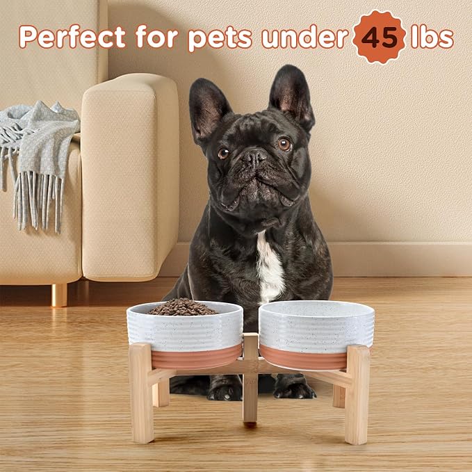 SPUNKYJUNKY Elevated Dog Bowls Ceramic, 6.1'' Dogs and Cat Food Water Bowls Raised with Non-Slip Bamboo Stand for Medium Sized Breed Microwave Dishwasher Safe - 28.7 OZ,Pattern White - Image 7