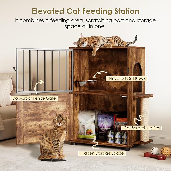 Dog Proof Cat Feeding Station, Dog Proof Cat Feeder, Cat Food Table,Vintage | Cat Feeding Station with Scratching Post, Elevated Food Bowls with Stand, Cat Tree with Food Storage, Cat House - Image 4