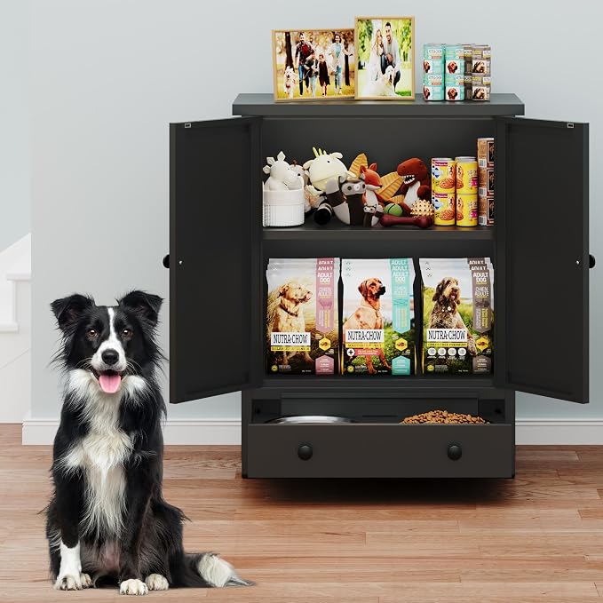 Dog Feeding Station with Storage, Metal Dog Food Storage Cabinet with 2 Elevated Bowls and 3 Hooks, Pet Feeding Station and Food Storage Organizer, Black - Image 5