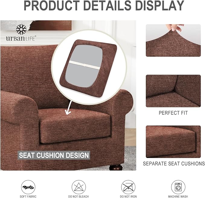 URBANLIFE 2-Piece Stretch Sofa Covers for 1 Cushion Couch, Chocolate | Super fitted spandex slipcovers for couches. Non-slip elastic bottom. Machine washable furniture protector for kids & pets. - Image 7
