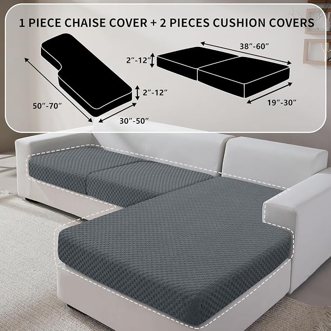 YEMYHOM Couch Cushion Covers for Sofa, Stretch Sectional Couch Seat Cushion Covers Washable Thick Furniture Protector Sofa Slipcovers for Pets (2 Seater + 1 Chaise, Dark Gray) - Image 2