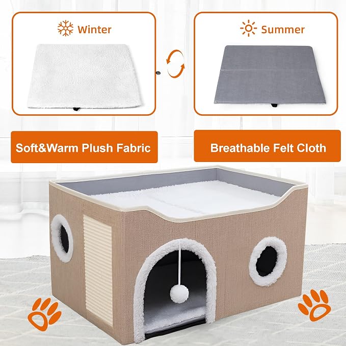 Loyareal Cat Houses for Indoor Cats - Large Cat Bed Cave with Scratch Pad and Fluffy Ball, Foldable Cat Condo Hideaway with Reversible Cushion for Multi Small Pet, Khaki - Image 4