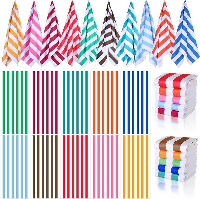 EBOOT 10 Pack Oversized Beach Towel Set Extra Large Pool Towels Microfiber Quick Dry Swim Blanket for Adult Women Men Face Hand Body Bath Travel Pool(Bright Color,36 x 72 Inch,Cabana Stripe) by eBoot