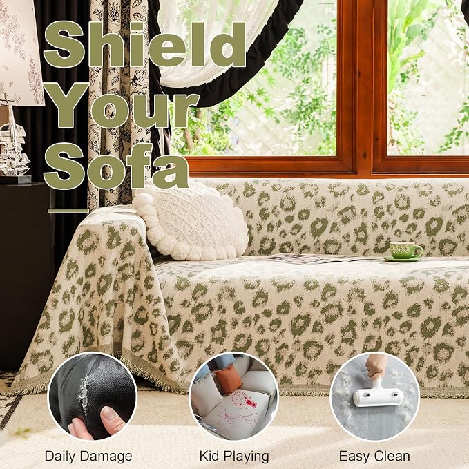 VClife Bohemian Sofa Cover, Cute Animal Leopard Jacquard Fabric Couch Covers for Sectional Sofa, 1 Piece Extra Large Sofa Protector Home Decor Aesthetic Sofa Slipcover for Dog, Green, 71''x134'' - Image 5