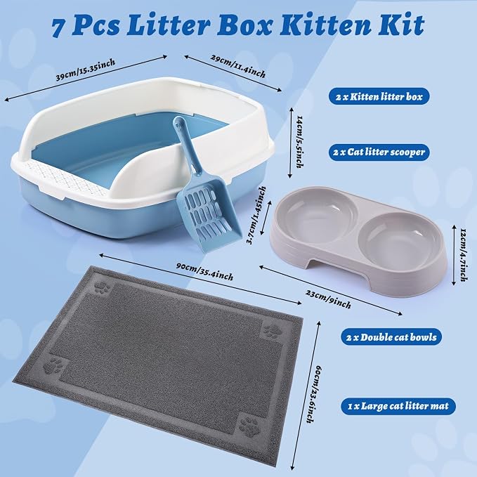 Sliner 7 Pcs Kitten Litter Box Starter Kit, 2 Plastic Small Kitty Litter Box Training Low Entry with Scoop, 2 Double Cat Bowl and Mat for Kitten Indoor(Blue) - Image 2