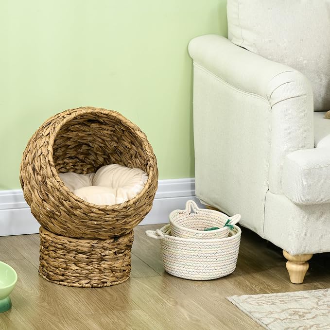 PAWHUT Egg Chair Rattan Elevated CAT Bed with Removable Cover, 17-in, Brown | Soft Cushion & Egg Chair Shape, Basket Bed Kitty House with Stand, Raised Wicker House - Image 6