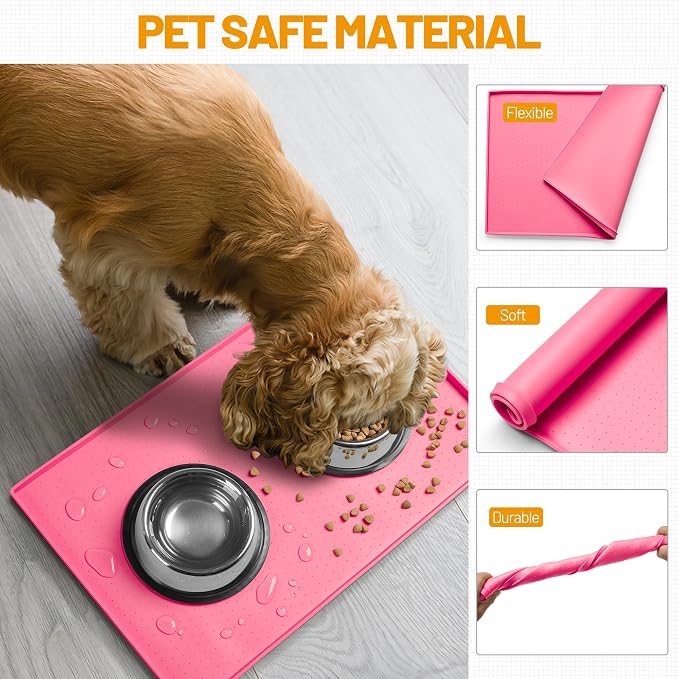 Hubulk Dog Feeding Mat,100% Waterproof Food Grade Silicone Pet Food and Water Bowl Placemat,Dishwasher, High Raised Edge to Prevent Spills,Nonslip Tray to Stop Messes on Floor (19"x12"x0.5", Pink) - Image 5