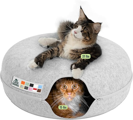 Cattasaurus Peekaboo Cat Cave Donut for Multiple & Large Cats up to 30-45 lbs, 3-in-1 Self Warming Cat Bed, Tunnel & Scratcher for Indoor Cats, Washable & Detachable Small Dog Bed (Light Gray, Jumbo) by Cattasaurus
