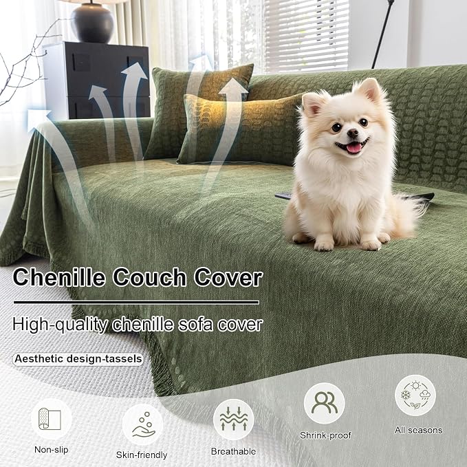 ROOMLIFE Green Couch Cover Sofa Covers, Chenille Couches Covers for 3 Cushion Sofas, Non Slip Soft Breathable Sofa Slipcovers for Pet, Washable Furniture Protector with Tassel,71''X134” - Image 2