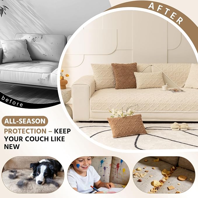 OTOB Non-Slip Couch Armrest Covers for Sofa, Washable Plush Sofa Arm Cover, All Season Soft Geometric Jacquard Armchair Slipcovers Cozy Pet Recliner Couch Protector, 1 Piece (Beige, 27.6"x27.6") - Image 2