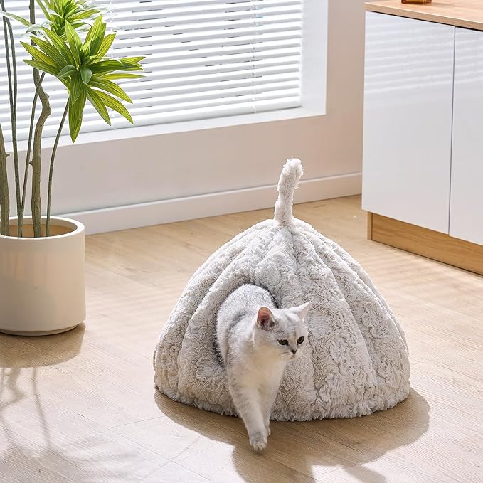 PetPals Round Cat Bed Small Pet Cave with Removeable and Washable Cushion | Super Soft Plush Pet Bed with Cover for Small Animals, Kitten or Ferret Hideaway Napping Cave, Anti-Slip Bottom, Cream plush - Image 4