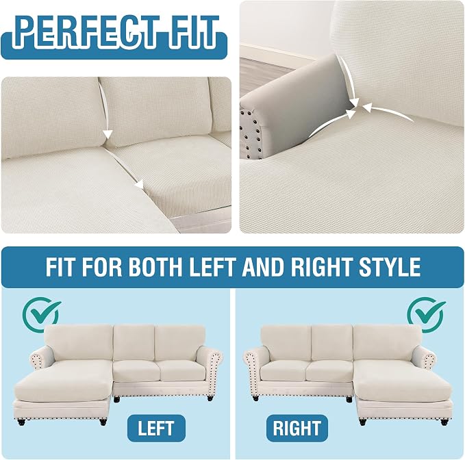 H.VERSAILTEX 2025 New Sectional Couch Covers 6 Pieces Stretch Sofa Covers for Sectional Sofa Set Separate L Shaped Couch Cover for Both Left/Right Couch (Seat and Back: 1 Chaise + 2 Sofa, Ivory) - Image 5