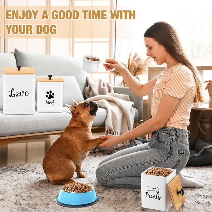Jingmore Metal Dog Treat Containers Set of 3 with Bamboo Lids and Spoon Airtight 7+3+2 lbs Dog Food Snack Jars with DIY Labels Big Pet Cookie Storage Jar for Kitchen Counter(White,Modern) - Image 4