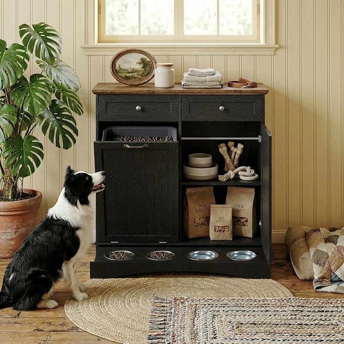 Furnaza Pet Feeding Station with 4 Bowls,Dual Doors Dog Cabinet Storage | Black 39.7"W Dual Doors Pet feeding station with storage for dogs and cats, Pet Food Storage for Kitchen, Living Room - Image 2