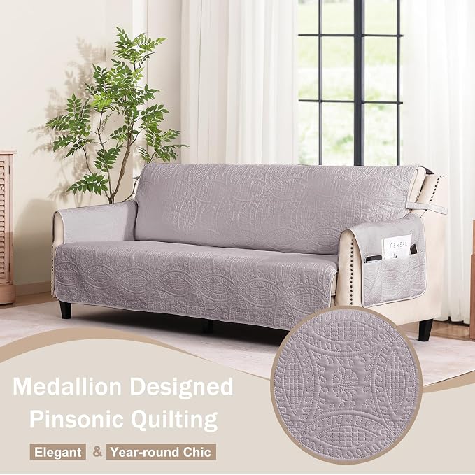 Cloud Purple Sofa Covers with Pockets, Anti-Slip Medallion Couch Covers for 3 Cushion Couch Sofa, Couch Cover for Dogs Water-Repellent Machine Washable (Large Sofa 68", Cloud Purple) - Image 2