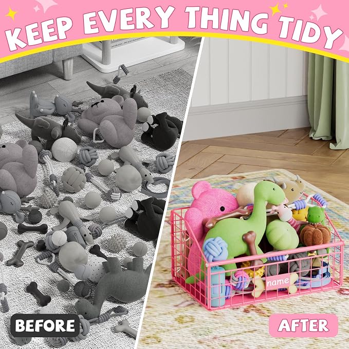 Kaiferty Indestructible Dog Toy basket, Small Toy Box for Dogs, Pet Toy Bin Dog Metal Basket for Toys, Toy Storage Organizer,Dog Toy Box for Living Room Area(Pink) - Image 5