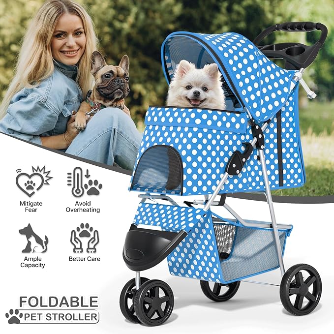 MoNiBloom 3 Wheels Pet Dog Cat Stroller for Small Medium Dogs Cats, Foldable Jogger Stroller w/Storage Basket and Cup Holder, Sky Blue Polka Dots