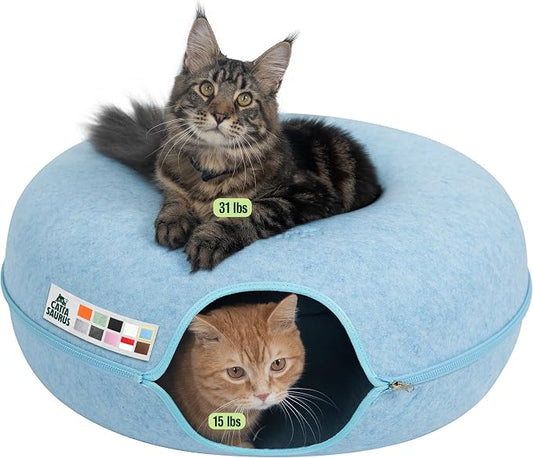 Cattasaurus Peekaboo Cat Cave Donut for Multiple & Large Cats up to 30-45 lbs, 3-in-1 Self Warming Cat Bed, Tunnel & Scratcher for Indoor Cats, Washable & Detachable Small Dog Bed (Blue, Jumbo) by Cattasaurus