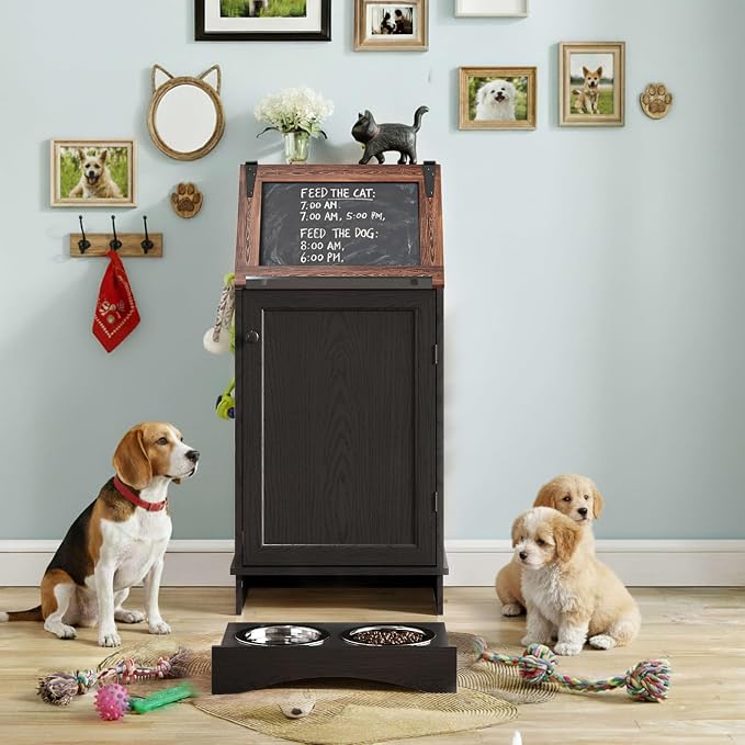 FIMELLO Dog Feeding Station with Storage, Dog Food Cabinet with 2 Hidden Feeding Bowls, Flip-Top Pet Storage Cabinet, Pet Food Holder, Black Grain - Image 8