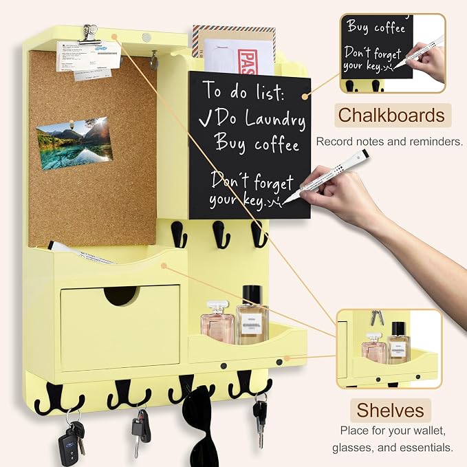 Key Holder Wall Mount， Mail Organizer Key Holder for Wall with Shelf, Drawer, Chalkboard, Corkboard, Home Decor Wall Mounted for Room Entryway (Ivory Yellow) - Image 7