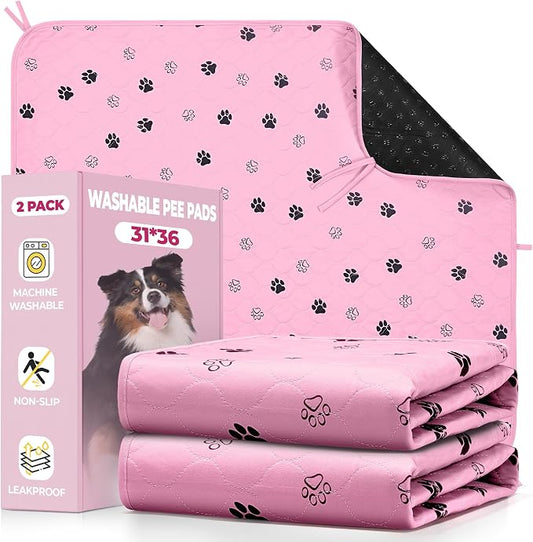 Fostanfly Washable Dog Pee Pads, Ultra-Absorbent, 31"x36"-2 Pack, Pink | Leak-Proof, Waterproof, Non-Slip, Large Reusable Pee Pads for Puppy Potty Training, Crate and Playpen with 8 Tie Straps by HOME