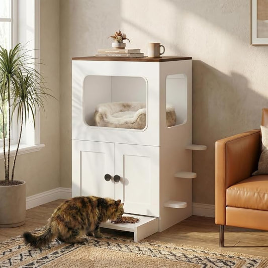 Cat Feeding Station, 2-Tier Wood Cat House with Storage, Raised Bowls for Indoor Cats, Pull-Out Feeding Station & Cat Condo, Includes 2 Stainless Bowls by YUYUSING